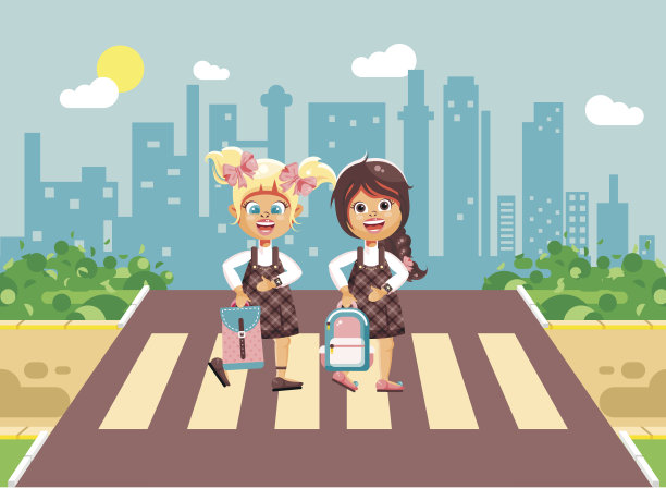 矢量插画卡通人物儿童，遵守交通规则，女生女生，同学小学生去道路步行区过马路，以城市为背景，回到学校平铺风格图片下载
