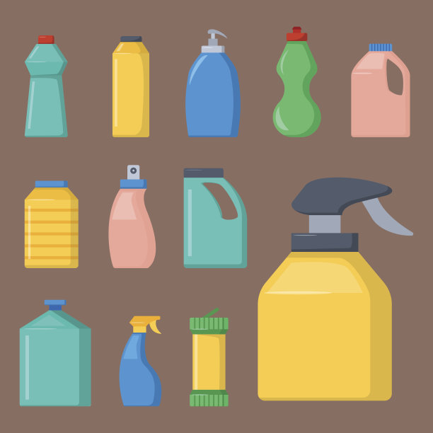 瓶装家用化学品供应清洁家务液体家用清洗剂包装矢量插图图片下载