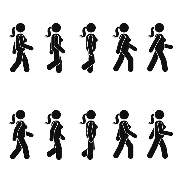 女人们走路姿势各异。态势图。向量站人图标符号符号符号象形图上的白色图片下载