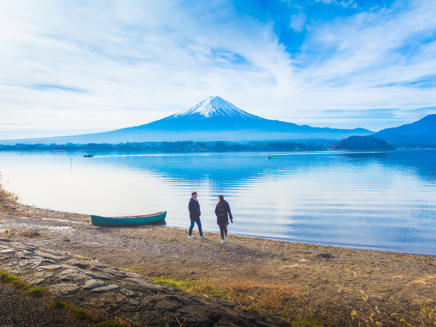 剪影亚洲夫妇旅行者30岁到40岁在河口湖边散步和放松在早上的时间与富士山的背景图片下载