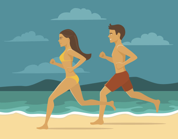 一男一女，一对情侣在沙滩上慢跑。图片下载