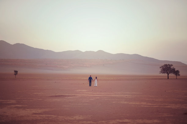 行走在沙漠中的新婚夫妇图片下载