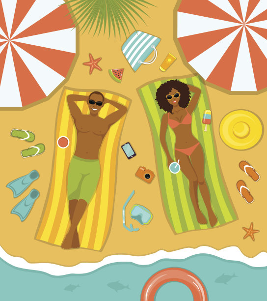 情侣在海滩上，俯视视角，享受日光浴图片下载