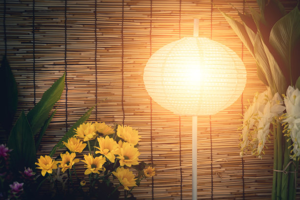 复古形象上经典的灯笼和花与竹织纹理图案的背景图片下载