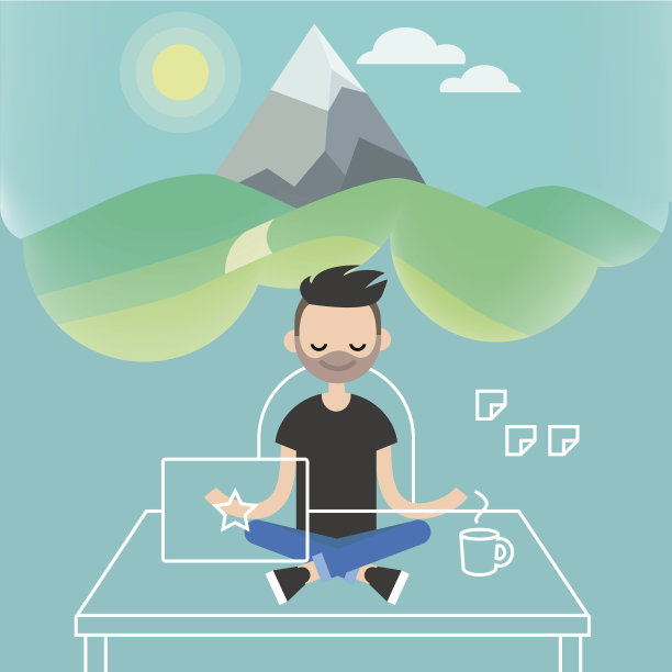 处理压力。年轻的人物在办公室里闭着眼睛沉思莲花姿势。瑜伽和冥想/平面可编辑矢量插图，剪辑艺术图片下载