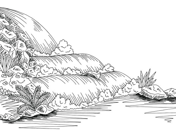 瀑布图形黑白景观素描插图向量图片下载