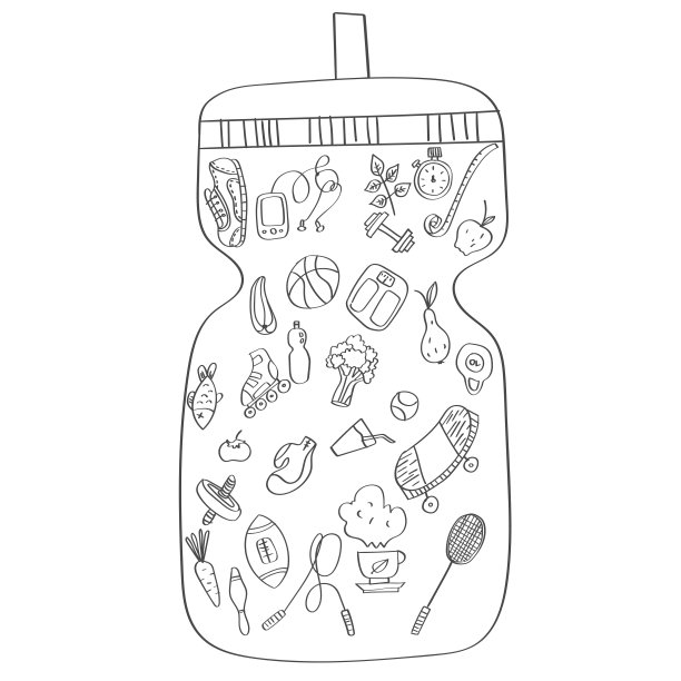 手绘运动器材和食品涂鸦，健康的生活方式和适当的营养图片下载