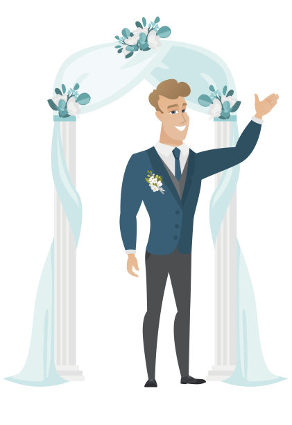 快乐的新郎站在婚礼拱门下图片下载