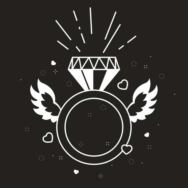 黑色背景上镶有钻石戒指轮廓的彩旗。爱情装点心灵，翅膀。图片下载