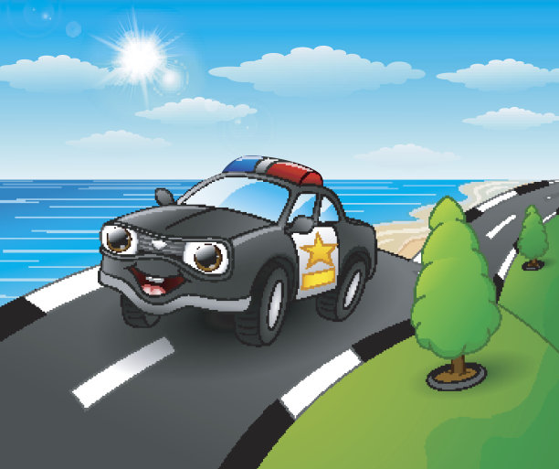 警车在海边的道路上图片下载