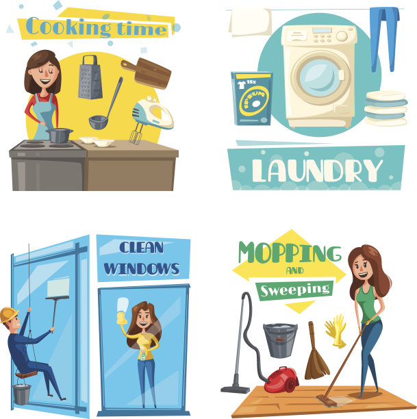 矢量房屋或房间清洁，烹饪和洗衣图片下载