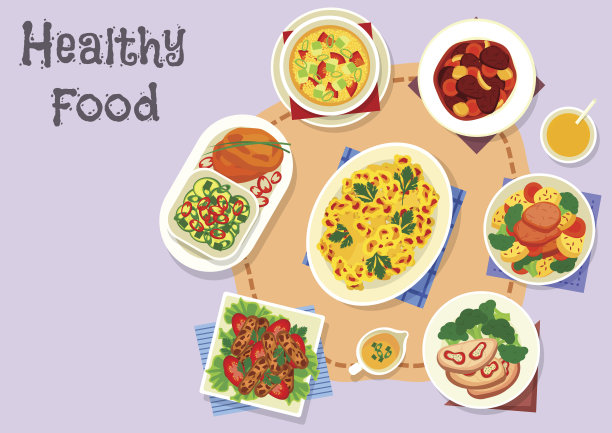 饮食菜单图标与蔬菜和肉类菜肴素材图片