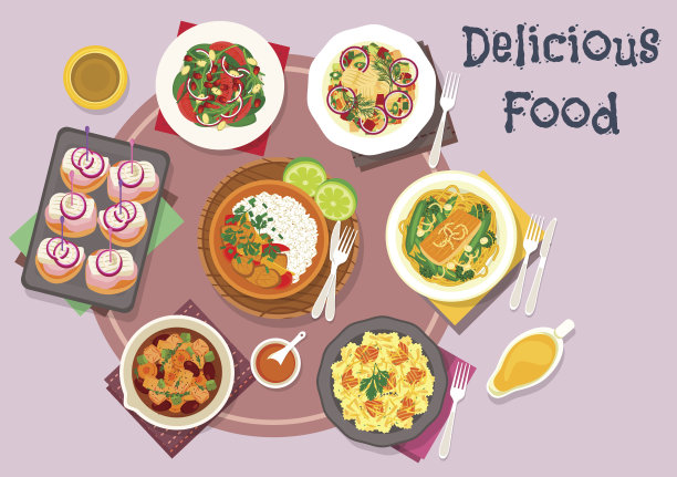 热腾腾的肉菜配鱼、小吃和沙拉图片下载