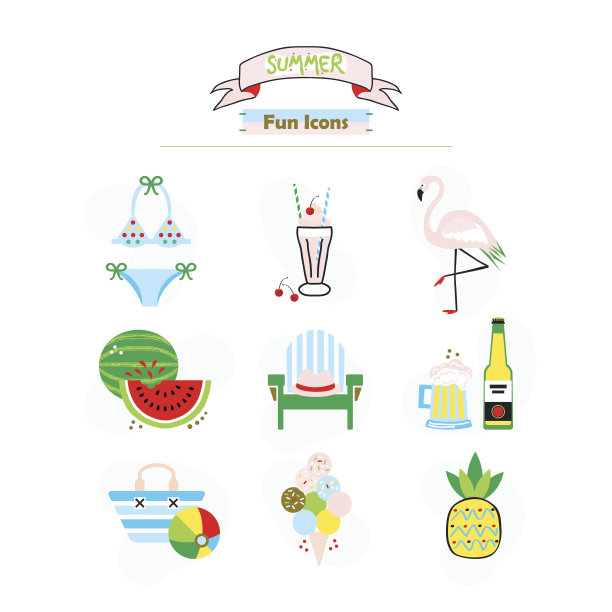 彩色的时尚趋势，夏季和海滩有趣的图标设置在白色的背景图片下载