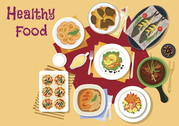 肉和鱼晚餐与饼干甜点图标素材图片