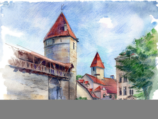 塔林中世纪堡垒墙的建筑水彩画图片下载