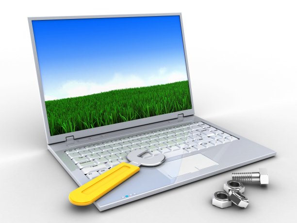 3d笔记本电脑，扳手和螺母图片下载