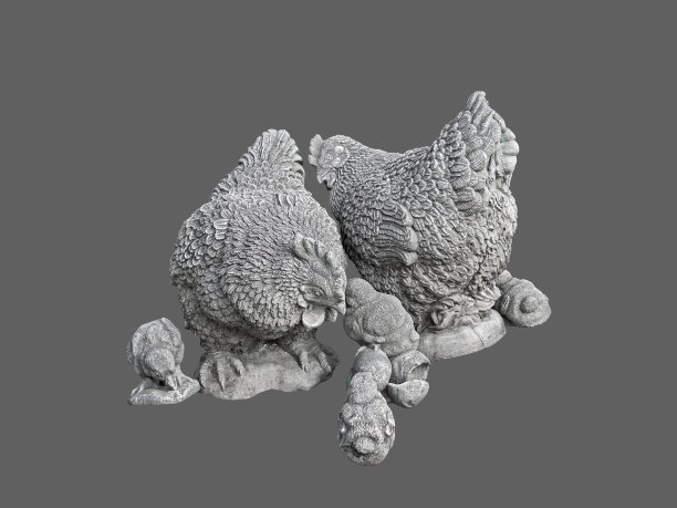 石头鸡雕像与小鸡在灰色的背景，剪切路径图片下载