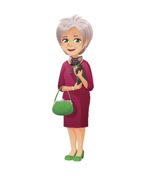 矢量插图的一个老活跃的女士与小袋子，谁是穿着一件优雅的裙子。她抱着一只小狗。图片下载