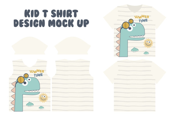 T恤印花设计，前后T恤模拟设计，可爱的夏季时间恐龙图片下载