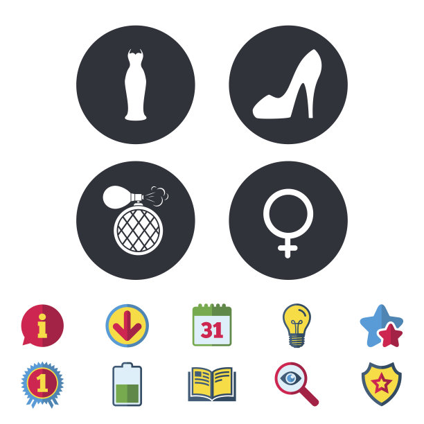 婚纱图标。女性鞋子的迹象。香水。图片下载