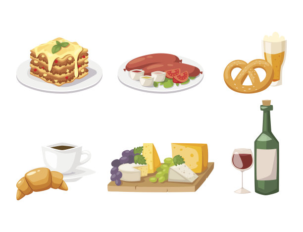 欧洲美食美食晚餐食物显示美味元素平面矢量插图图片下载