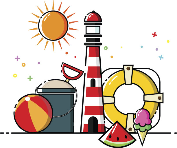 可爱的海滩平面图标设置矢量图片下载