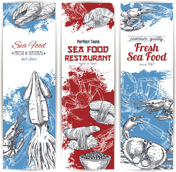 矢量条幅集新鲜海鲜和鱼类食品素材图片
