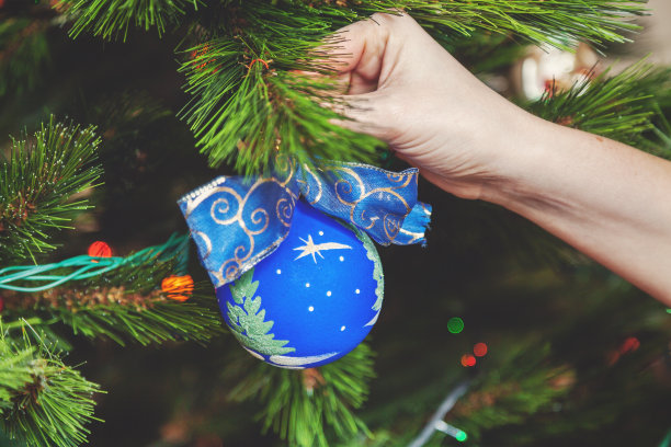 圣诞树上挂着漂亮的蓝球和蝴蝶结图片下载