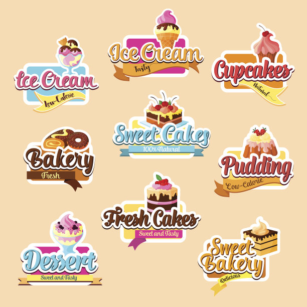 烘焙店甜点矢量贴纸套装图片下载