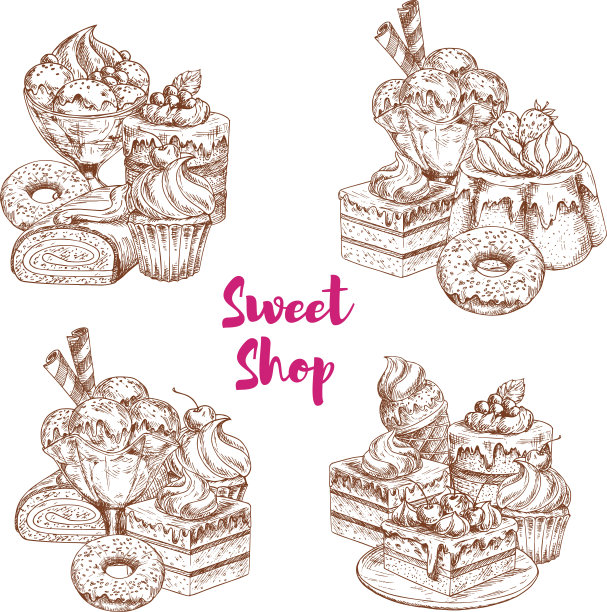 用于食品设计的蛋糕和冰淇淋甜点素描图片下载