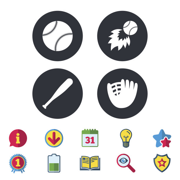 棒球图标。有手套和球棒标志的球。图片下载