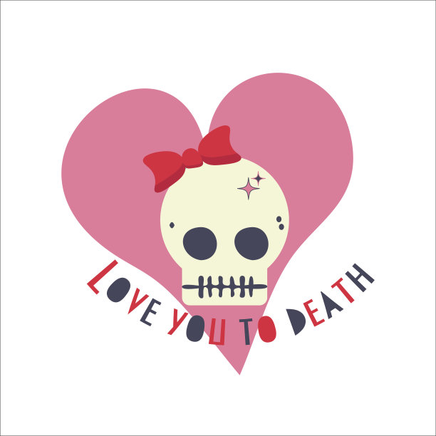 带蝴蝶结的少女浪漫骷髅，还写着爱你至死不渝。图片下载