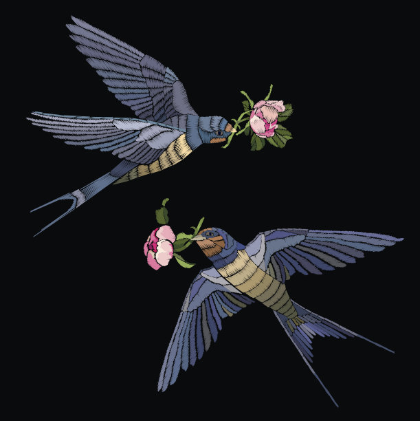 燕子刺绣。侧视图。用玫瑰绣小鸟。图片下载