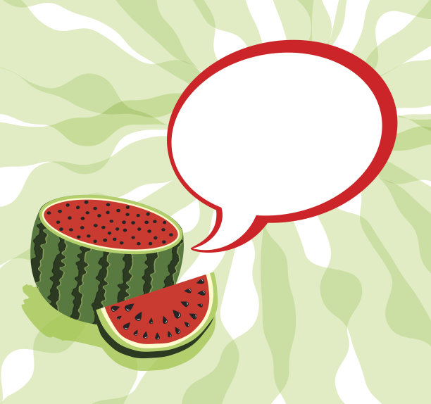 一半的红色成熟的甜西瓜和切片多汁的西瓜和对话泡泡与自由的文本空间。向量图片下载