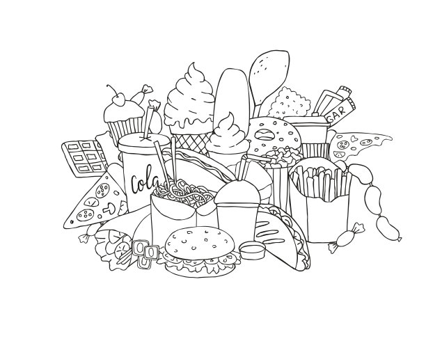 大套手绘快餐涂鸦。黑白手绘水墨插画图片下载