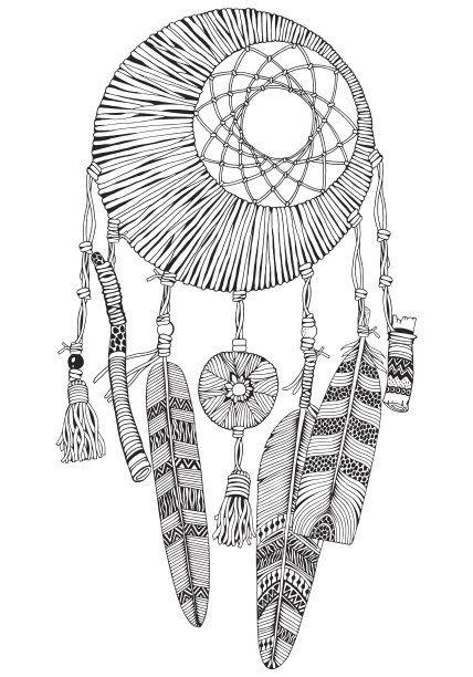 有羽毛和树枝的月亮捕梦网。涂鸦风格。黑色和白色。手绘成人涂色书页与舒适的捕梦网。图片下载