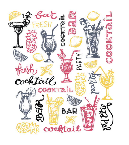 鸡尾酒套装，用于菜单、酒吧、餐厅、邀请函、公告的平面设计元素，手绘酒精鸡尾酒草图，复古矢量图素材图片