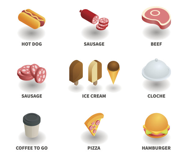 简单的3D等距图标集。包含热狗、香肠、牛肉、冰淇淋、钟摆、咖啡外带、披萨、汉堡等图标。图片下载