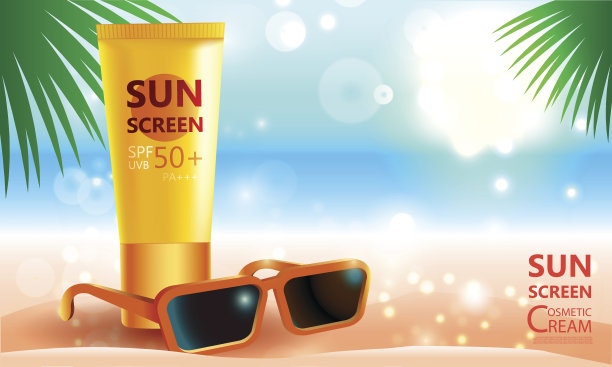 豪华化妆瓶包装护肤霜和太阳眼镜，防晒瓶紫外线挡，美容化妆品海报，与散景背景图片下载