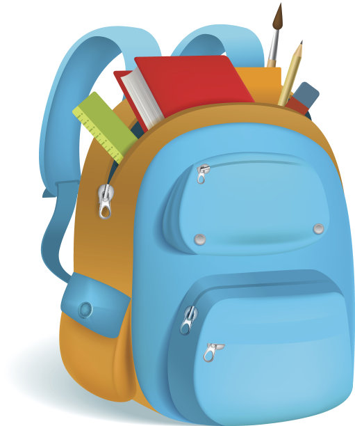 彩色书包和学习用品。3d背包与拉链隔离在白色背景。矢量插图。每股收益10。图片下载