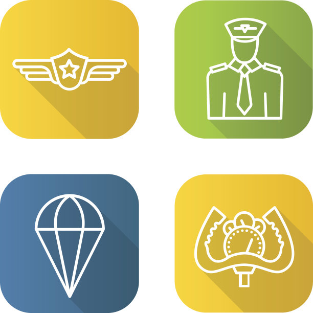 试点平面线性长阴影图标集。飞行员标签、飞机操纵轮、降落伞符号。矢量插图。图片下载