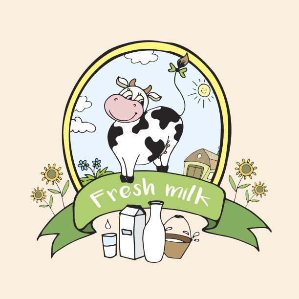 积极，快乐的奶牛与牛奶，有趣的卡通横幅或标志图片下载