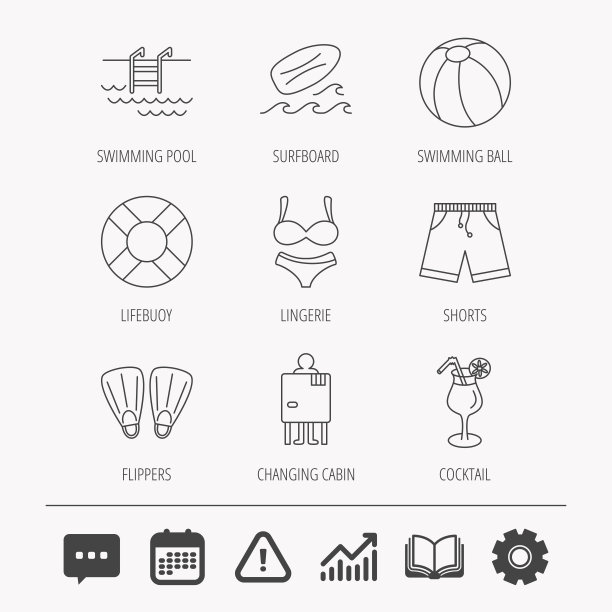 冲浪板，游泳池和泳裤图标。图片下载