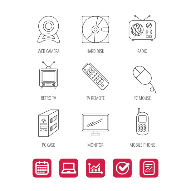 网络摄像头、收音机和手机图标。图片下载