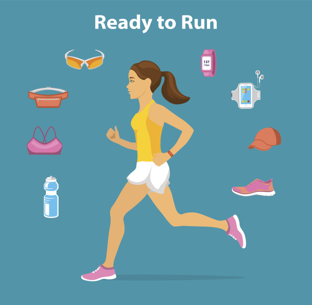 准备运行矢量插图。女性跑步装备。跑步配件和户外有氧运动的小工具。图片下载