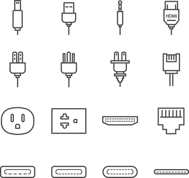插头和插座线图标设置。包括电器插头，usb，插座，音频插孔，插座等图标。图片下载