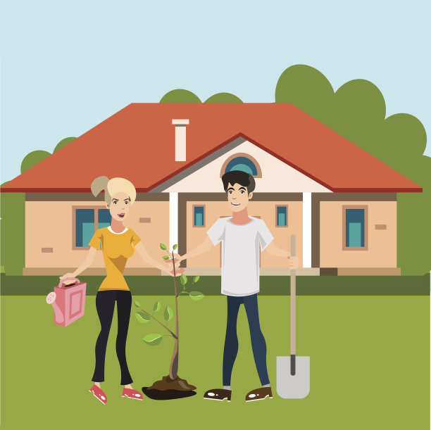 男人和女孩在院子里种树图片下载