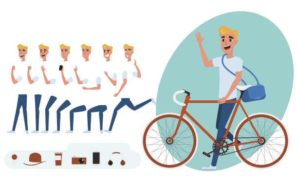 年轻人的角色创造设置为动画。骑自行车的年轻人。身体部分模板。不同的情绪，姿势和跑，走，站，坐。图片下载