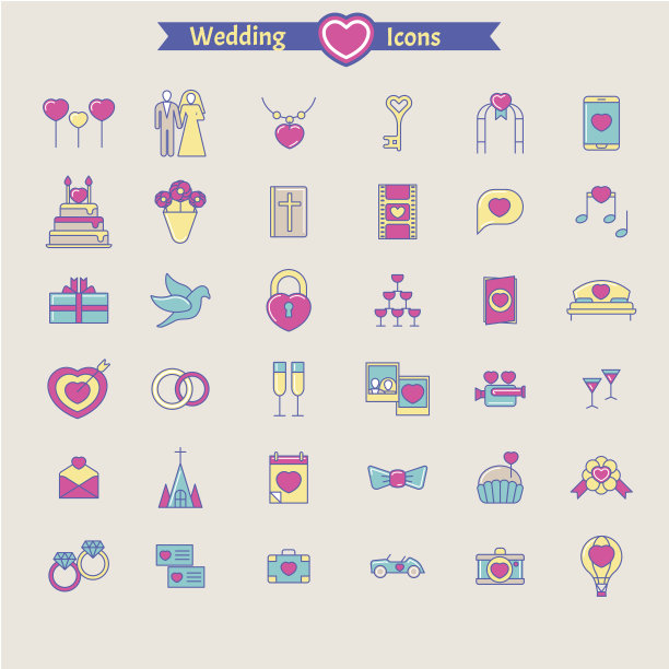 婚礼的图标集。向量图片下载